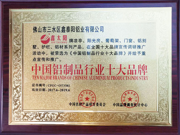 鑫泰阳获得中国铝制品行业十大品牌证书